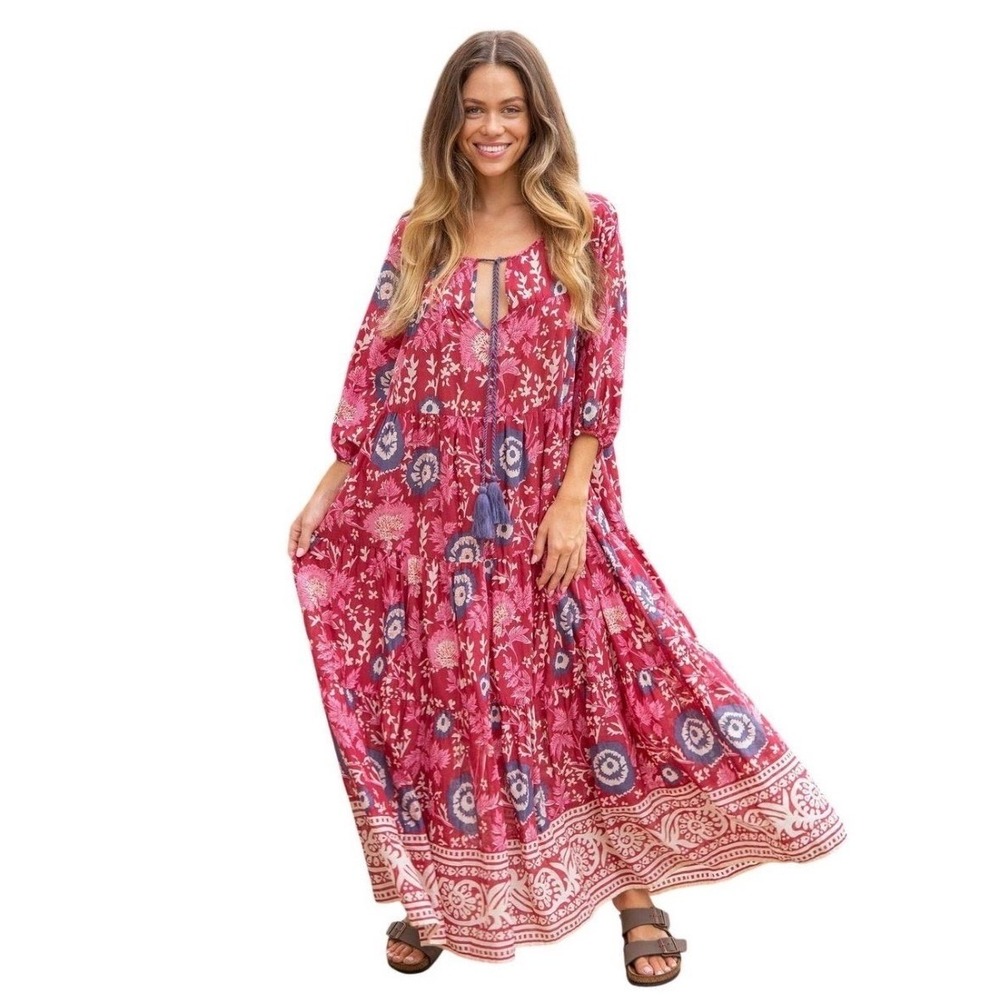 NWT Natural Life Boho Floral Tiered Maxi Dress Red Pink Large LHDRS1743